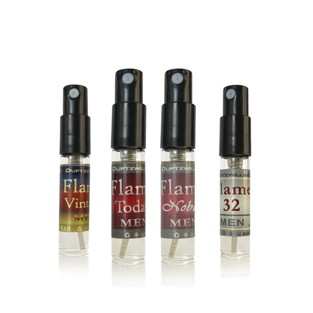 4x-Flame-3ml-Kollektion 4 FLAME ° COLLECTION - 4x 3ml HERREN Eau de Parfum Duftprobe von allen Flame Versionen