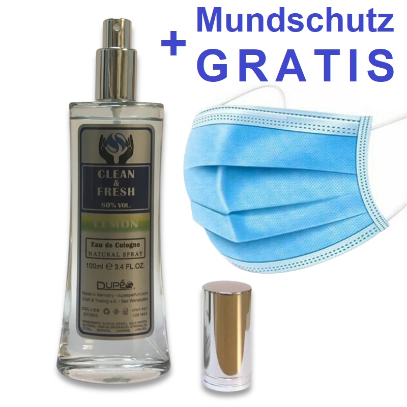DUPES-fresh-and-clean-MUNDSCHUTZ-GRATIS 100ml CLEAN & FRESH +GRATIS MUNDSCHUTZ Hygiene SPRAY mit ZITRUSDUFT 80% Alkohol