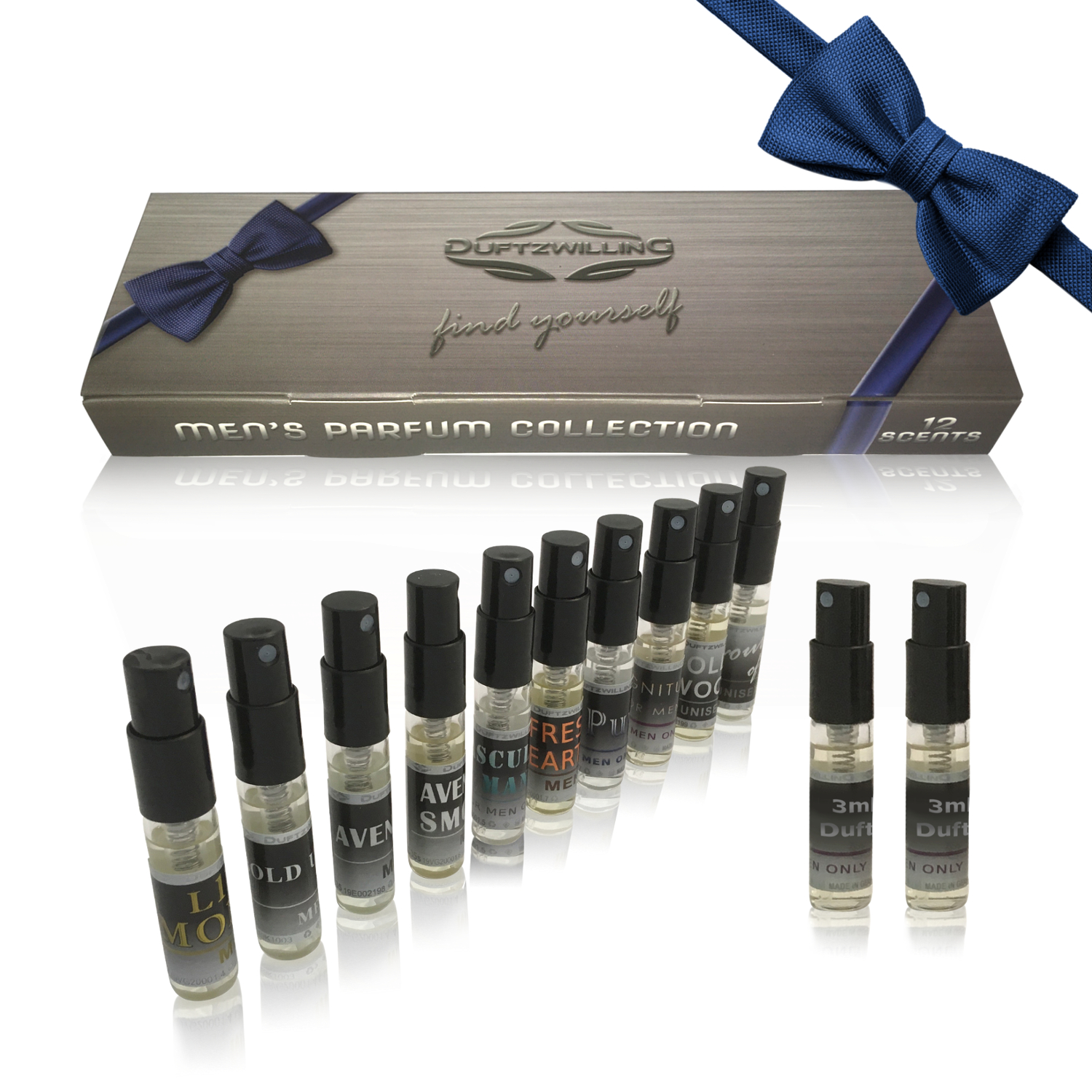 1a-12er-Herren-Schnupperbox-mit-Krawatte 12er Kennenlern-Set für HERREN | 10 Herren- und 2 Unisex- Duftproben á 3ml Tester von DuftzwillinG
